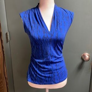 Blue and black pullover top with gathered sides